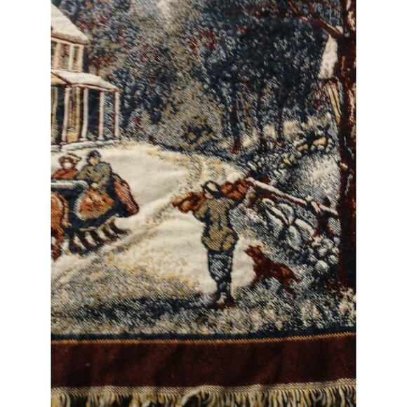 Crown Crafts Winter Scene Sleigh Ride Farm House Throw Blanket Tapestry Vintage - Picture 6 of 14